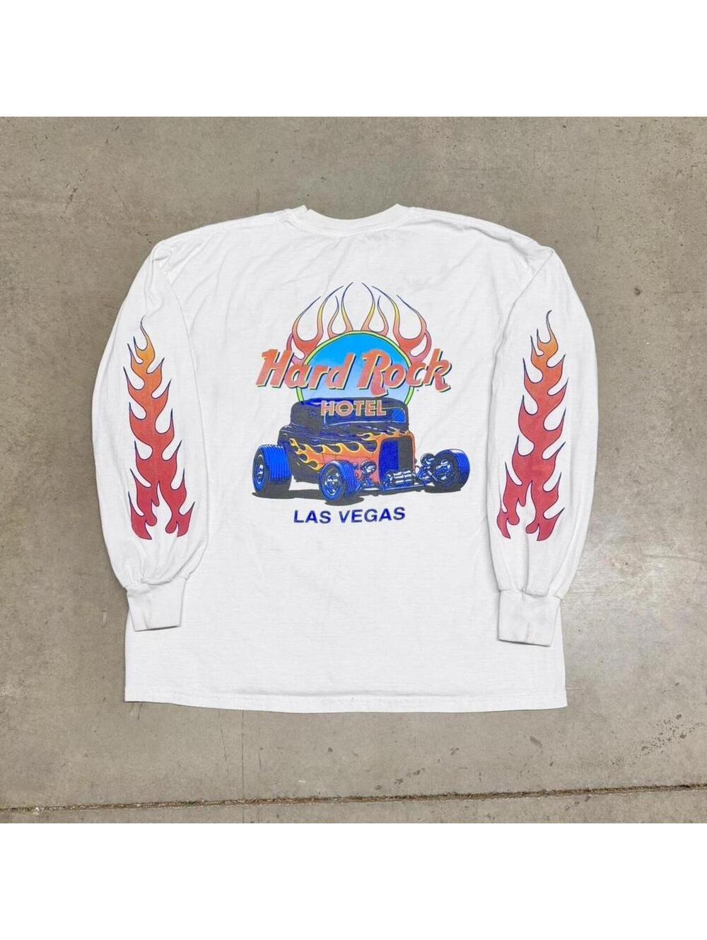 Vintage 90s Y2K Style Hard Rock Hotel Las Vegas Hot Rod Flame Sleeve T Shirt